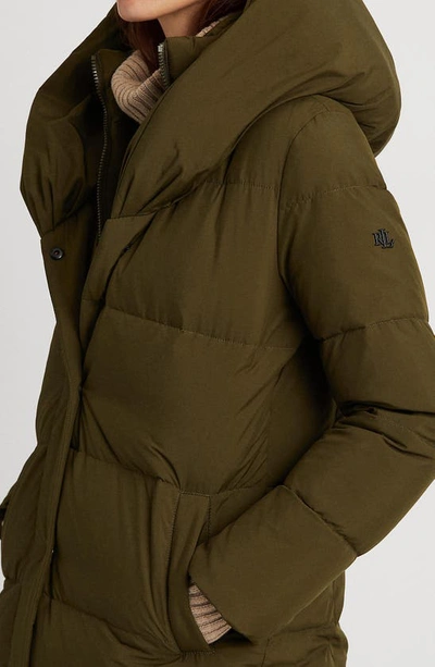 Shop Lauren Ralph Lauren Pillow Hood Longline Down & Feather Jacket In Loden