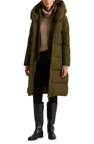 Shop Lauren Ralph Lauren Pillow Hood Longline Down & Feather Jacket In Loden