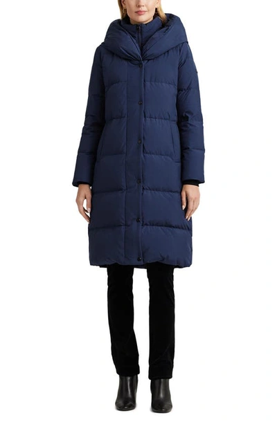 Shop Lauren Ralph Lauren Pillow Hood Longline Down & Feather Jacket In Navy