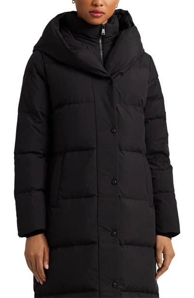 Shop Lauren Ralph Lauren Pillow Hood Longline Down & Feather Jacket In Black