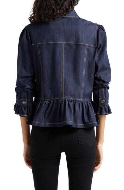 Cinq À Sept Delanie Scrunched-sleeve Peplum Denim Jacket In Indigo