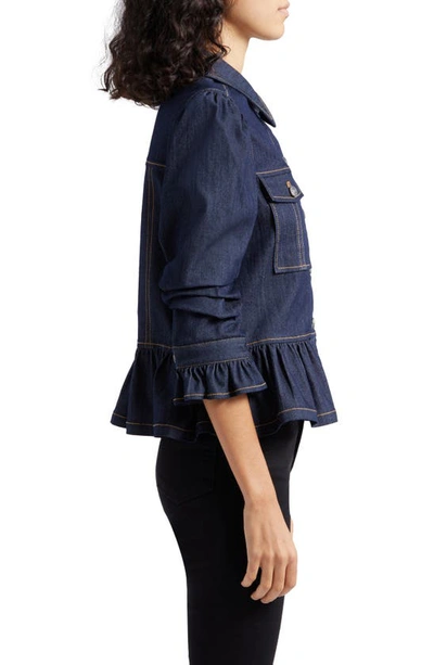 Cinq À Sept Delanie Scrunched-sleeve Peplum Denim Jacket In Indigo