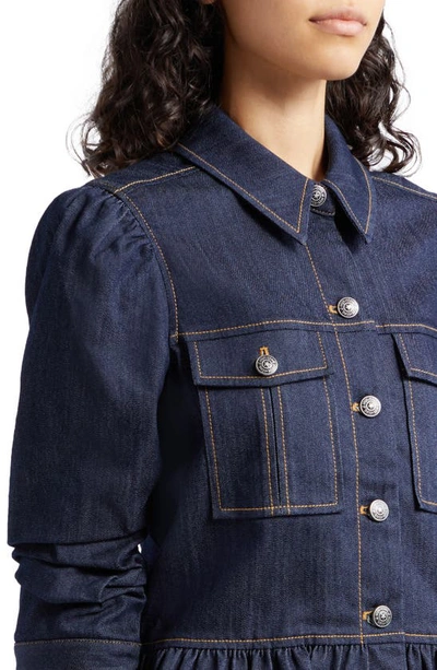 Cinq À Sept Delanie Scrunched-sleeve Peplum Denim Jacket In Indigo