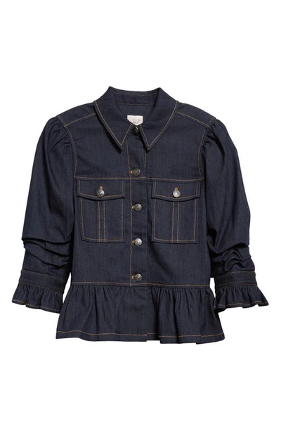 Cinq À Sept Delanie Scrunched-sleeve Peplum Denim Jacket In Indigo