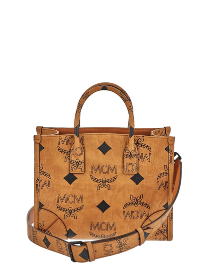 Shop Mcm Small Munchen Maxi Visetos Tote Bag In Brown