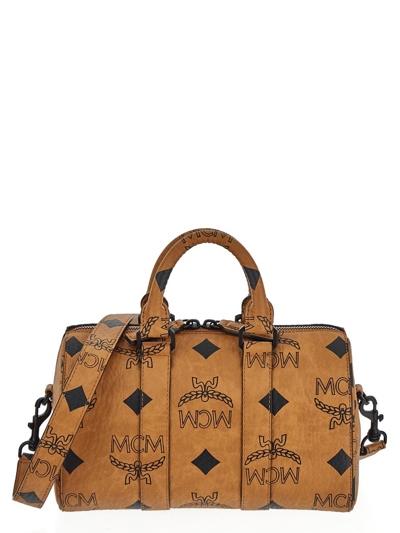 MCM Visetos Signature Leather Boston Bag Cognac