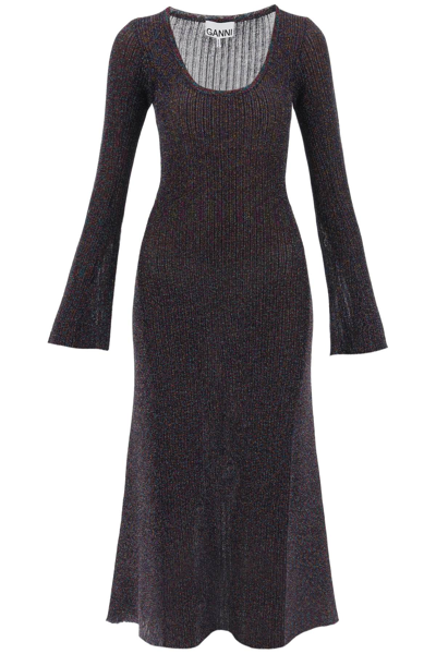 Shop Ganni Lurex-knit Midi Dress In Multicolour (metallic)