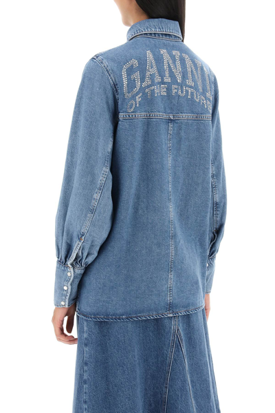 Shop Ganni Rhinestone-studded Lettering Denim Shirt In Dark Blue Vintage (light Blue)