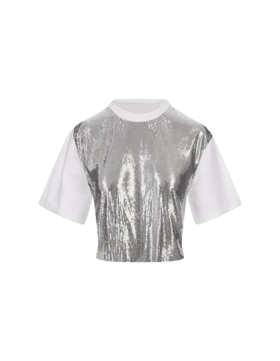 Shop Paco Rabanne White Short T-shirt With Silver Mesh Panel In Silver/white