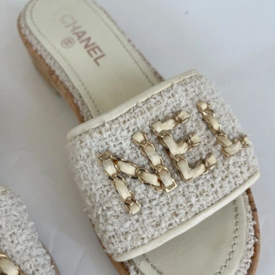 Pre-owned Chanel White Tweed Mule Sandals With Cork Wedge, 39c