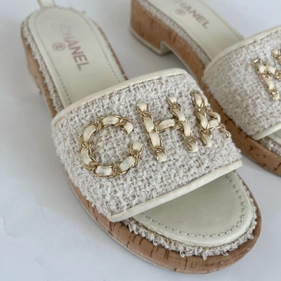 Pre-owned Chanel White Tweed Mule Sandals With Cork Wedge, 39c