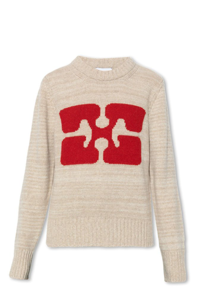 Shop Ganni Sweater With Logo In Beige