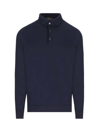 Shop Loro Piana Long Sleevd Knitted Polo Shirt In Blue