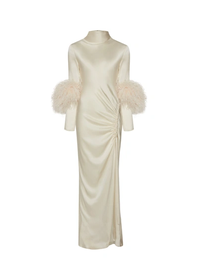 Shop Lapointe Satin Bias Feather Tab Dress With Slit In Cream