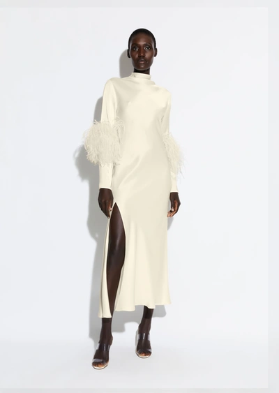 Shop Lapointe Satin Bias Feather Tab Dress With Slit In Cream