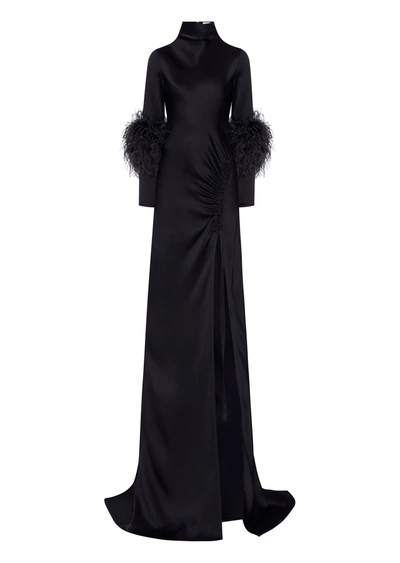 Shop Lapointe Satin Bias Feather Tab Gown With Slit In Black