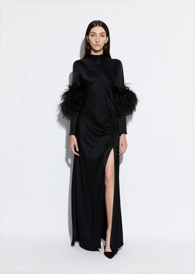 Shop Lapointe Satin Bias Feather Tab Gown With Slit In Black