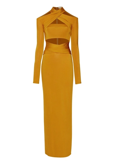 Shop Lapointe Jersey Longsleeve Cutout Wrap Dress In Mustard