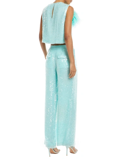 Shop Lapointe Sequin Tank With Feathers In Aqua