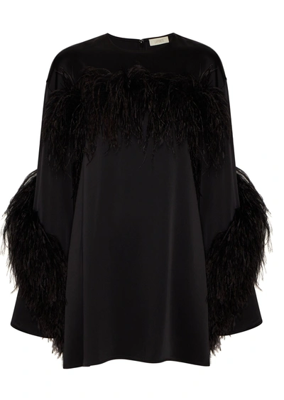 Shop Lapointe Satin Shift Dress With Feathers In Black