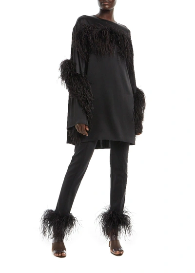 Shop Lapointe Satin Shift Dress With Feathers In Black