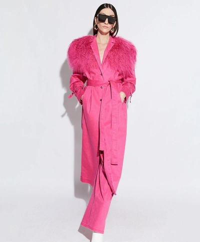 Lapointe Denim Relaxed Trench With Mongolian In Magenta