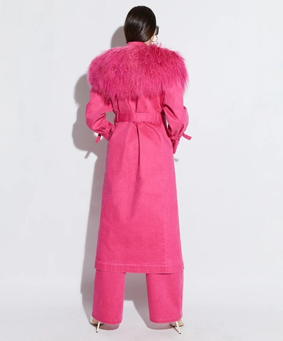 Lapointe Denim Relaxed Trench With Mongolian In Magenta
