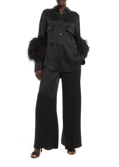 Lapointe Satin Button Down With Feathers In Black