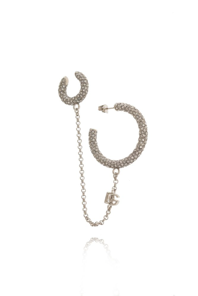 Shop Dolce & Gabbana Single Creole Dg Embellished Earring In Silver