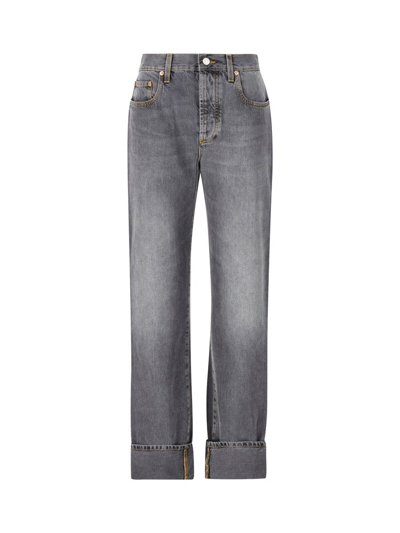 Shop Gucci Retro Square G Washed Denim Pants In Grey
