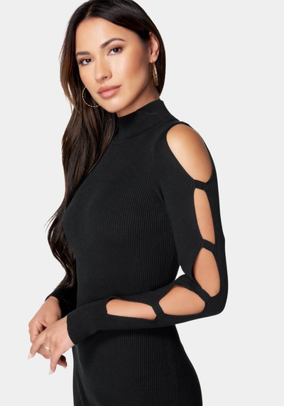 Shop Bebe Cage Sleeve Sweater Dress In Black