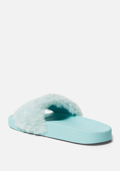 Shop Bebe Furiosa Faux Fur Slides In Dusty Mint
