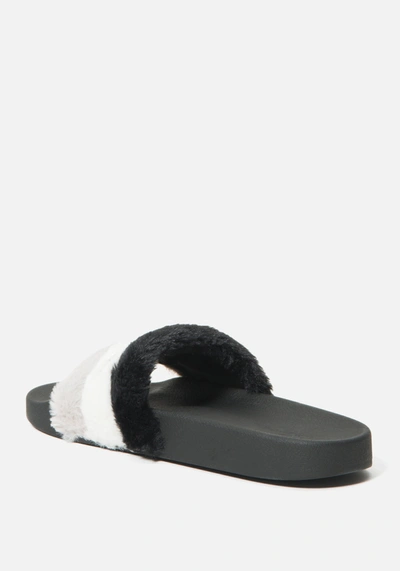 Shop Bebe Fantasia Faux Fur Slides In Black White Grey