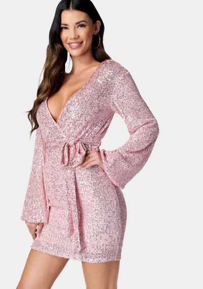 Bebe Sequin Tie Front Dress In Rose