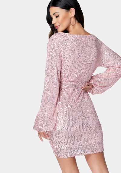 Bebe Sequin Tie Front Dress In Rose