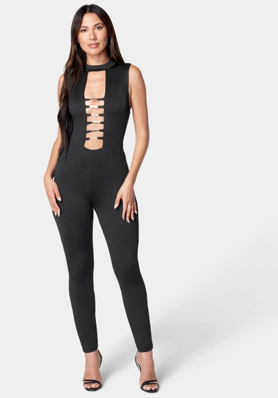 Shop Bebe Gold Bar Detail Jumpsuit In Jet Black