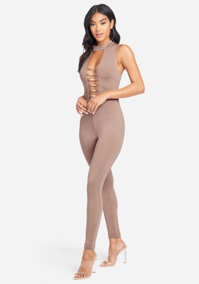 Bebe Gold Bar Detail Jumpsuit In Warm Taupe