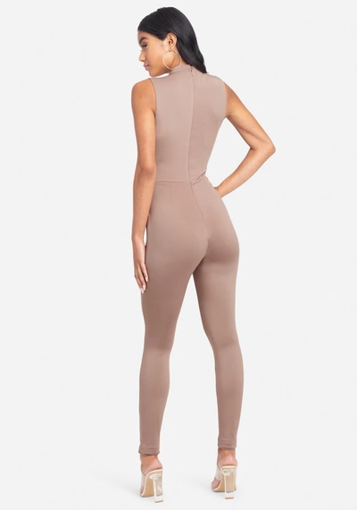Bebe Gold Bar Detail Jumpsuit In Warm Taupe