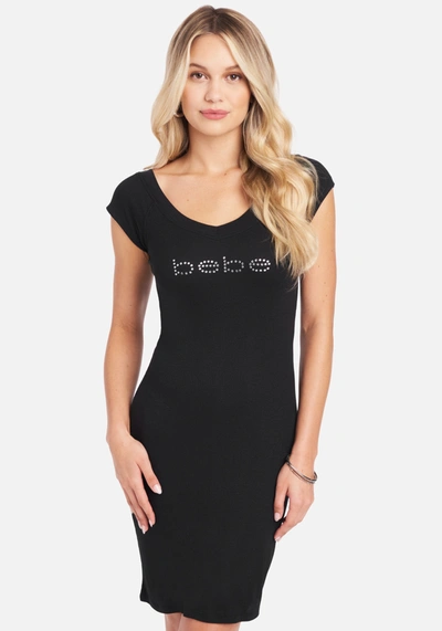 Shop Bebe Short Sleeve Logo Dress In Black