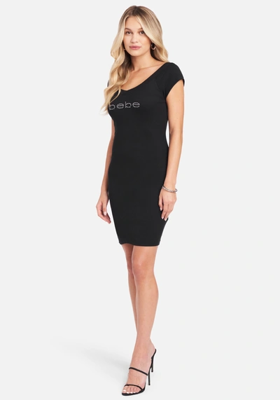 Shop Bebe Short Sleeve Logo Dress In Black