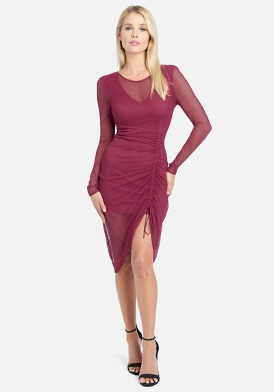 Bebe Long Sleeve Mesh Ruched Dress In Wine