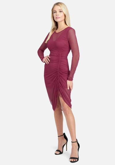 Bebe Long Sleeve Mesh Ruched Dress In Wine