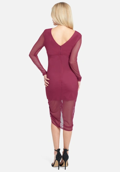 Bebe Long Sleeve Mesh Ruched Dress In Wine