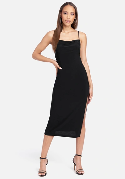 Bebe Cowl Neck Spaghetti Strap Slit Maxi In Black