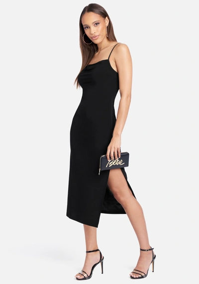 Bebe Cowl Neck Spaghetti Strap Slit Maxi In Black