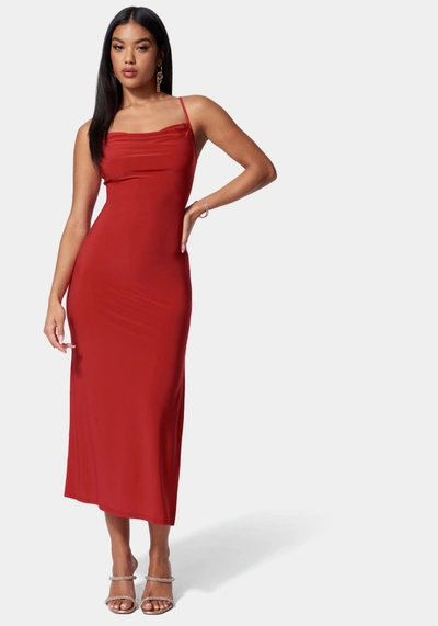 Bebe Cowl Neck Spaghetti Strap Slit Maxi In Red