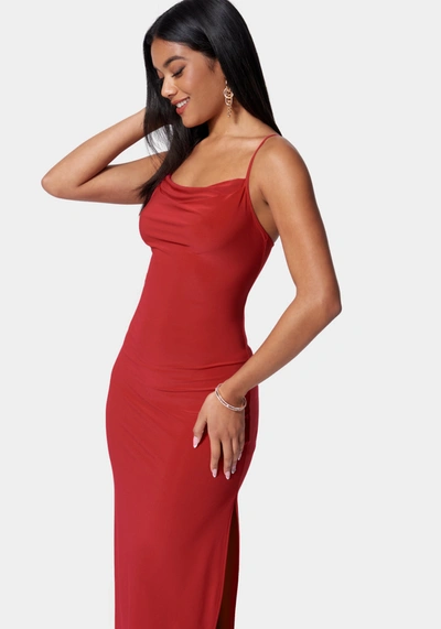 Bebe Cowl Neck Spaghetti Strap Slit Maxi In Red