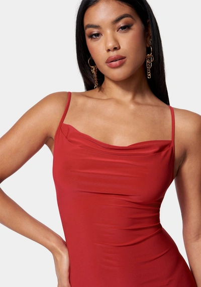 Bebe Cowl Neck Spaghetti Strap Slit Maxi In Red