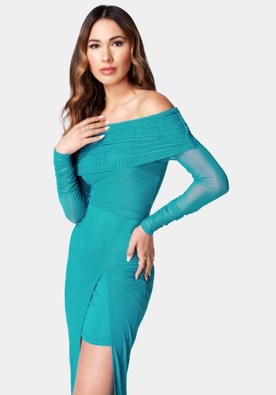 Bebe Off Shoulder Asymmetrical Mesh Gown In Baltic