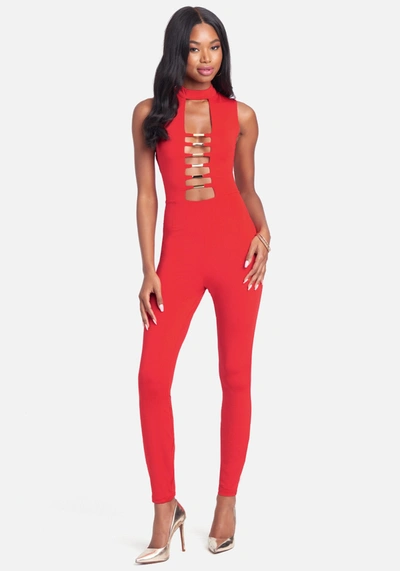 Bebe Gold Bar Detail Jumpsuit In Fiery Red
